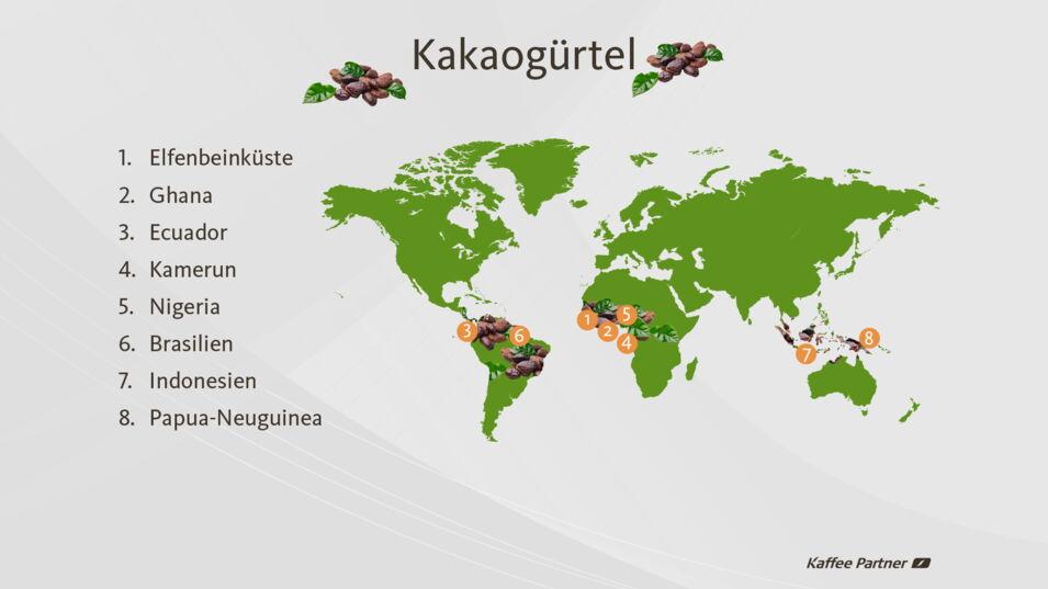 Auf der Weltkarte werden acht Kakaoanbaugebiete gezeigt. Darunter die Elfenbeinküste, Ghana, Ecuador, Kamerun, Nigeria, Brasilien, Indonesien und Papua-Neuguinea