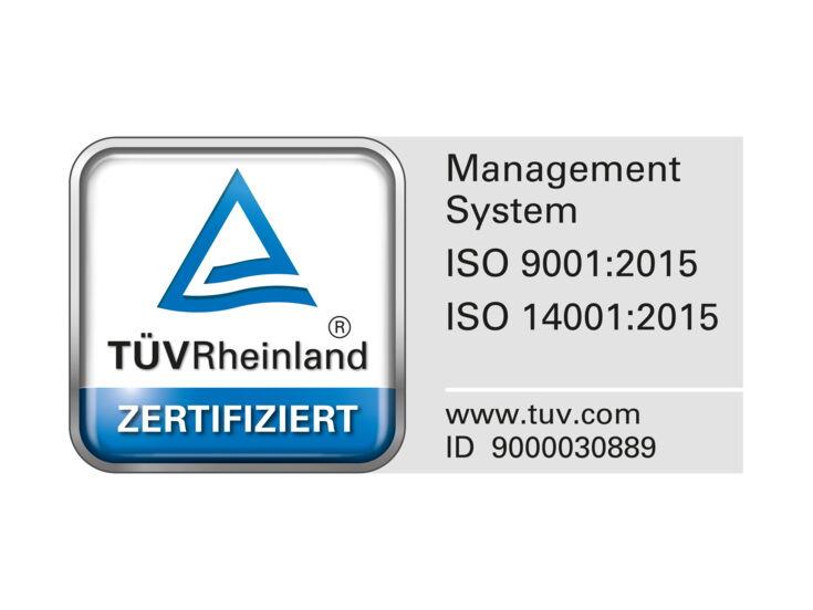 TÜV Rheinland certification logo for the management system in accordance with ISO 9001:2015 and ISO 14001:2015