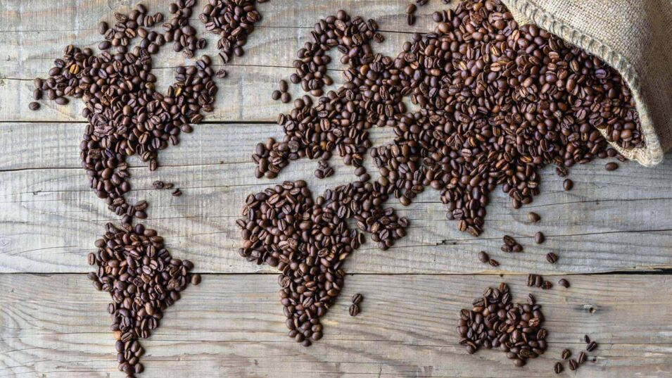 Weltkarte aus Kaffeebohnen auf Holztisch