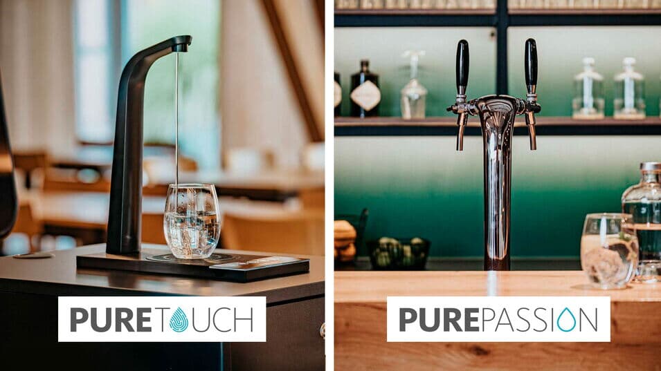 Links der PURE Touch Wasserspender mit eleganter Touch-Bedienung und präzisem Wasserstrahl. Rechts der PURE Passion Getränkespender mit zwei Zapfhähnen, ideal für stilvolle Getränkeausgabe in der Gastronomie.